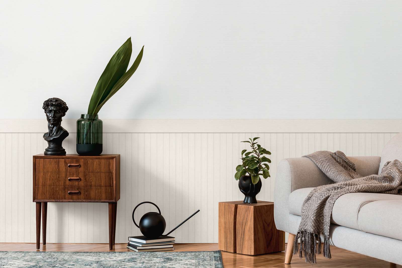             Vlies-Wandpaneel mit realistischen Akustik-Paneel Muster aus Holz – Weiß, Grau
        