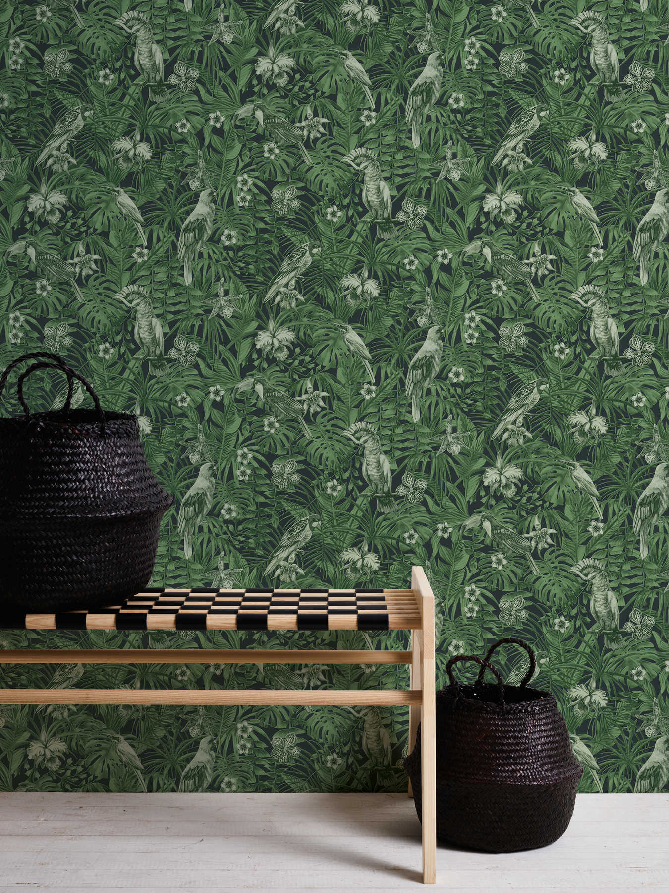             Tapete tropische Vögel & exotische Blüten – Grün, Schwarz
        