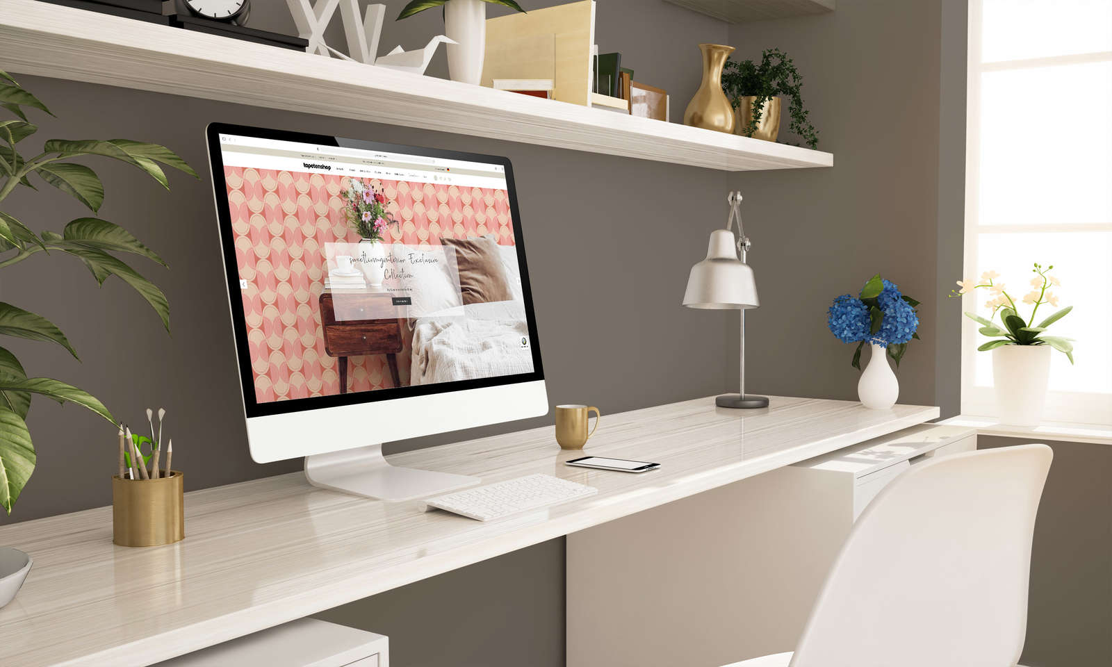 office, computer, desk, home decor, plants
