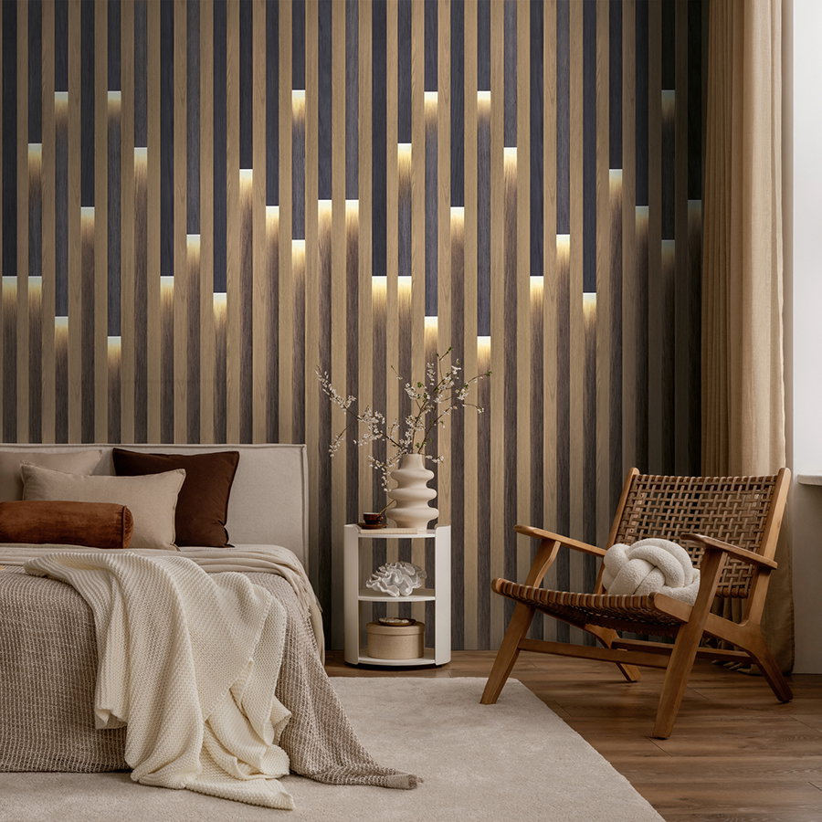 Schlafzimmer, Wandpaneel, Beleuchtung, Vase, Sessel
