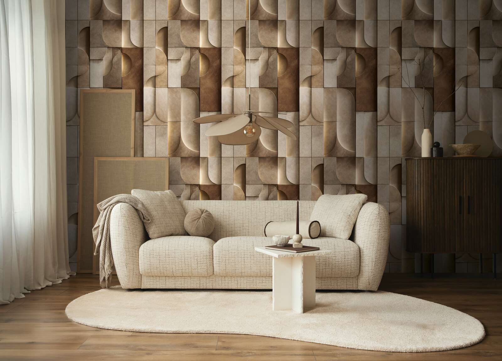 Wohnzimmer, Sofa, Wandmustertapete, Beige, Runder Teppich