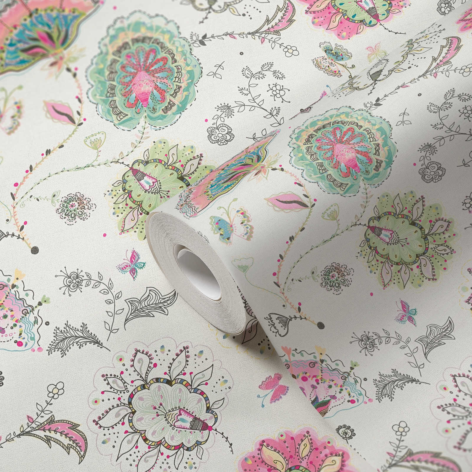 Floral pattern wallpaper in bold colours - cream, green, pink