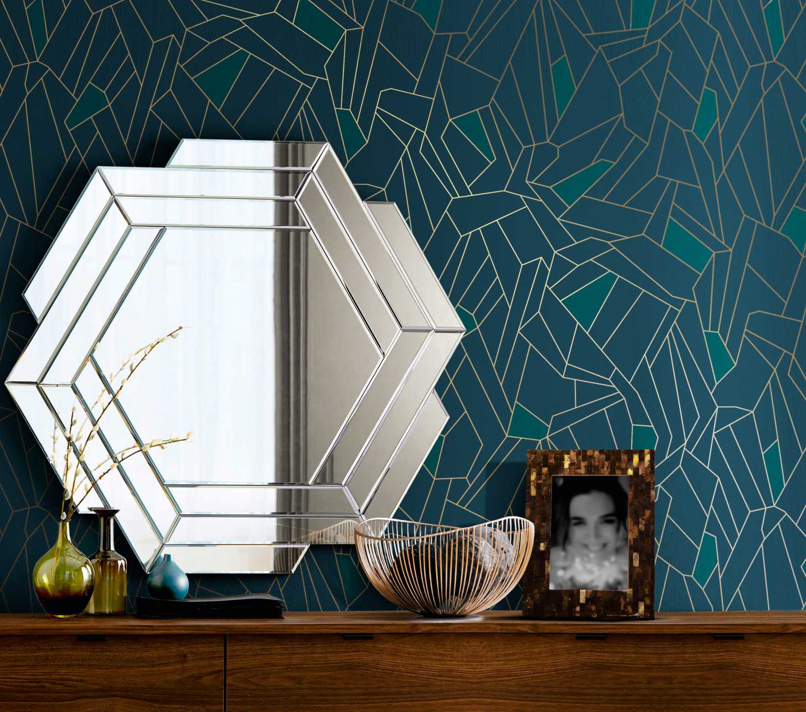            Retro Vliestapete mit Glitzer-Effekt – Blau, Petrol, Beige
        