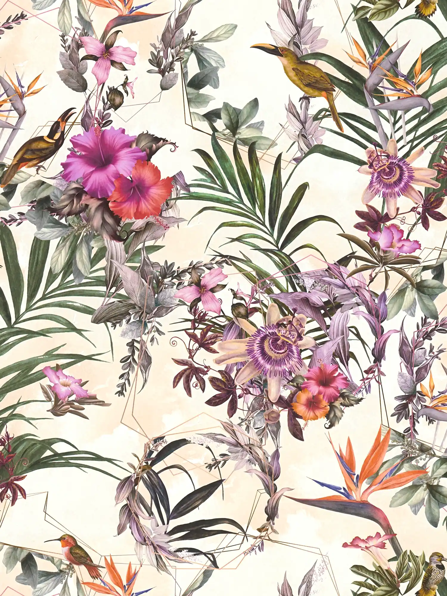 Design wallpaper flowers & birds in Art style - beige, green, pink
