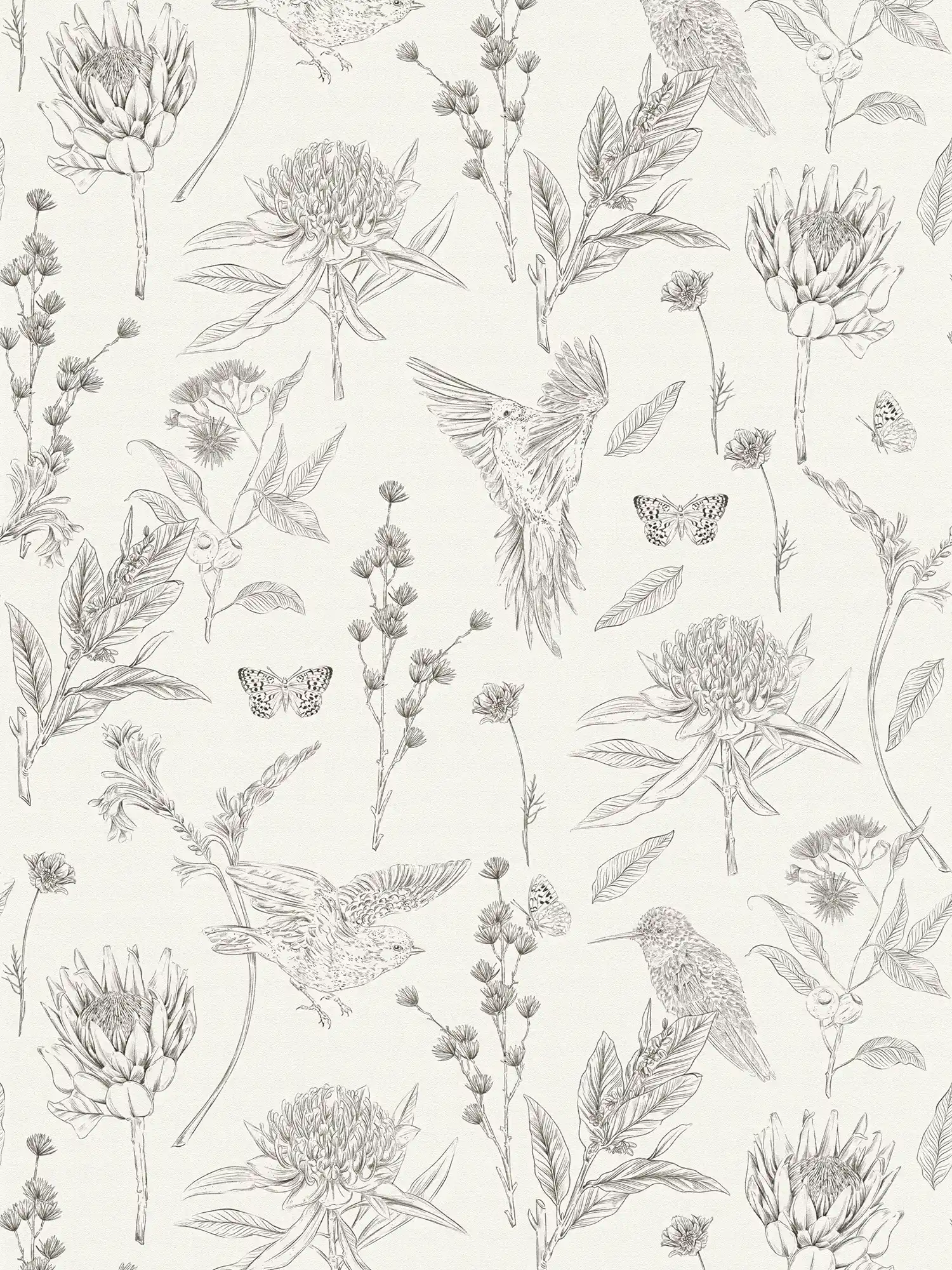         behang bloemen & dieren structuur mat - wit, zwart
    