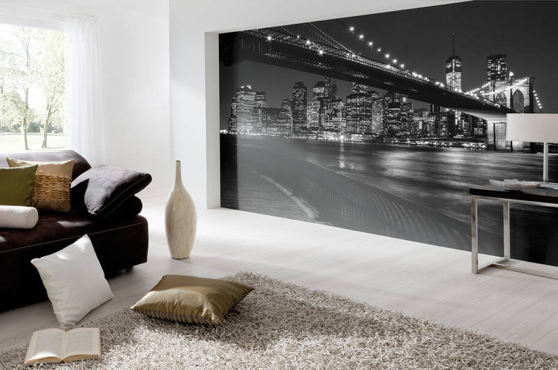 Wohnzimmer, Wandtapete, Stadtlandschaft, Schwarzweiß, braune Couch