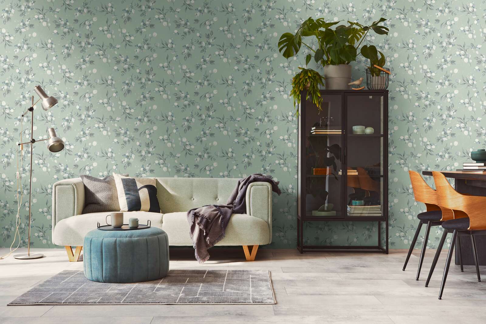 Glad vliesbehang met een elegant bloemendessin - groen, grijs, blauw