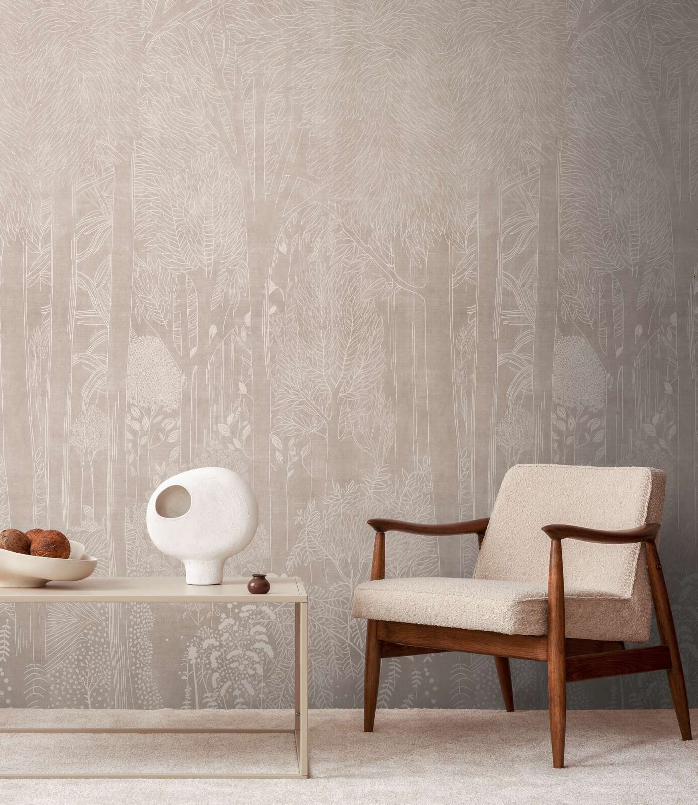 Sessel, Holzarmlehnen, Beige, Wandtapete, Tisch