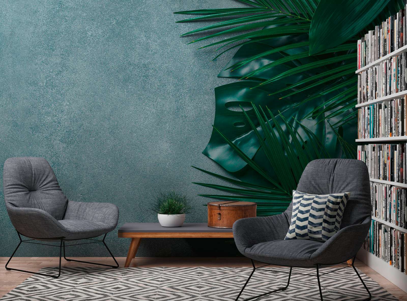             Fototapete tropische Blätter auf Betonuntergrund – Grün, Grau
        