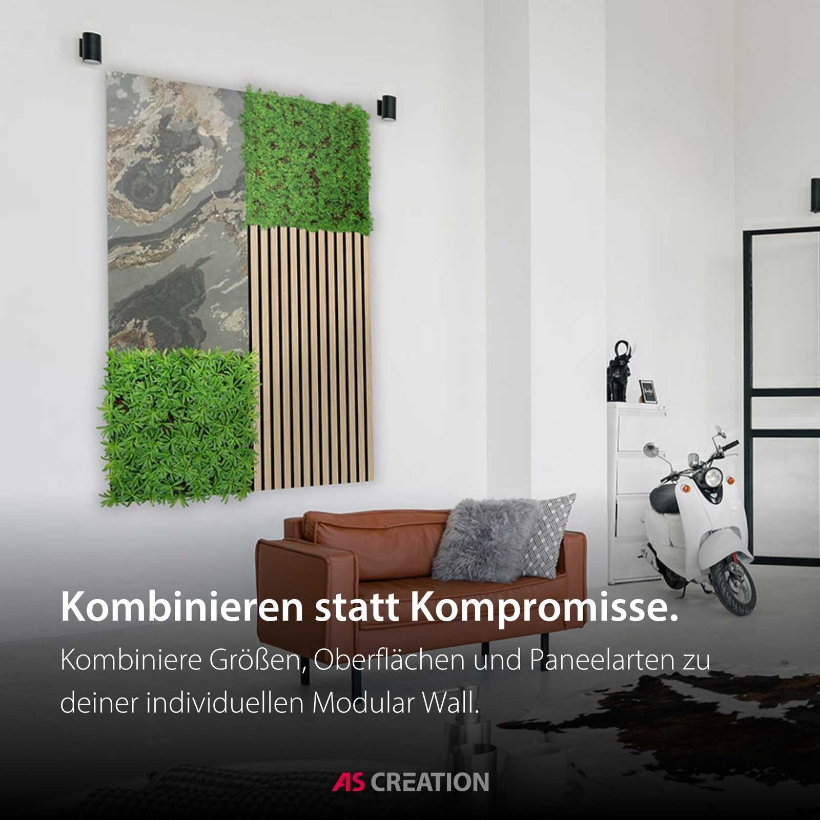 modular wall, decor panel, grüne moos, holzlatten, sofa deko