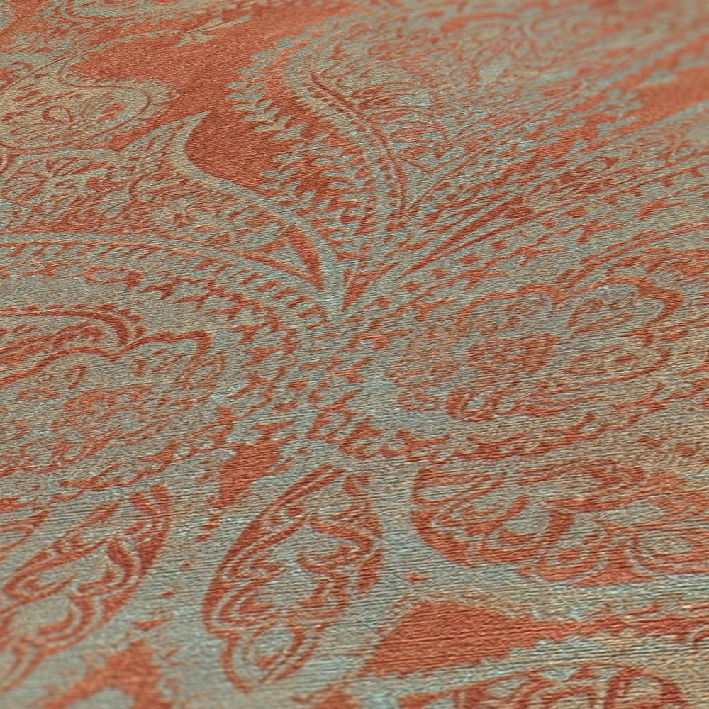             Vliestapete im Barockstil mit Ornamenten – Orange, Türkis, Grau
        
