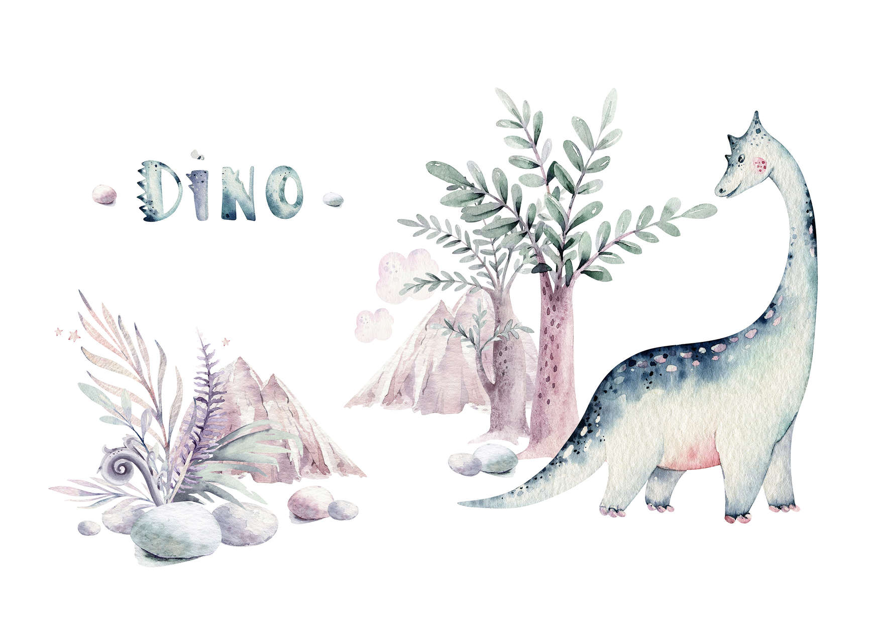 dinosaur, watercolor, illustration, baby-friendly, mountain landscape