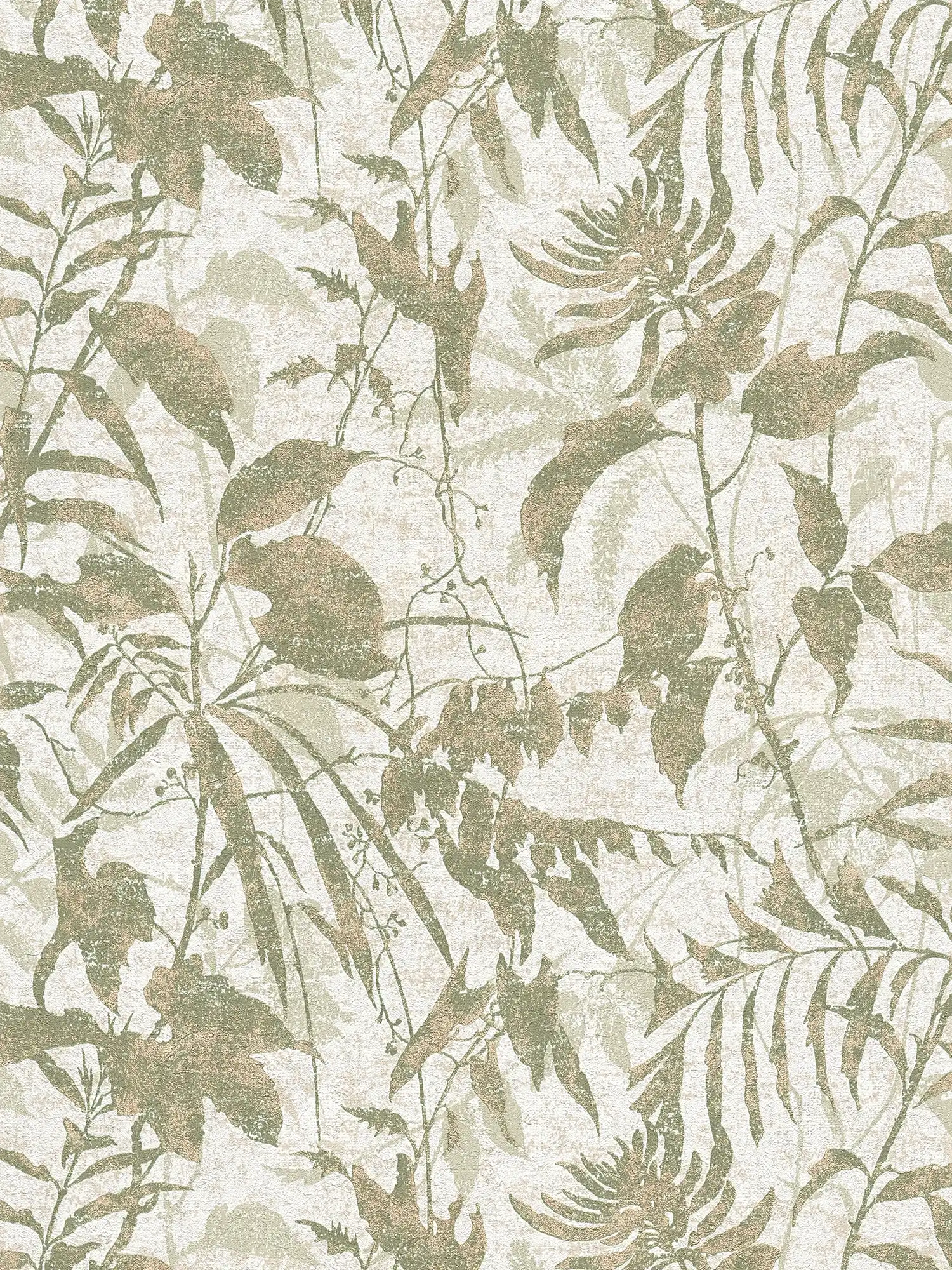         Natürliche, helle Vliestapete mit filigranem Blättermuster und feiner Oberfläche – Creme, Grün, Gold
    