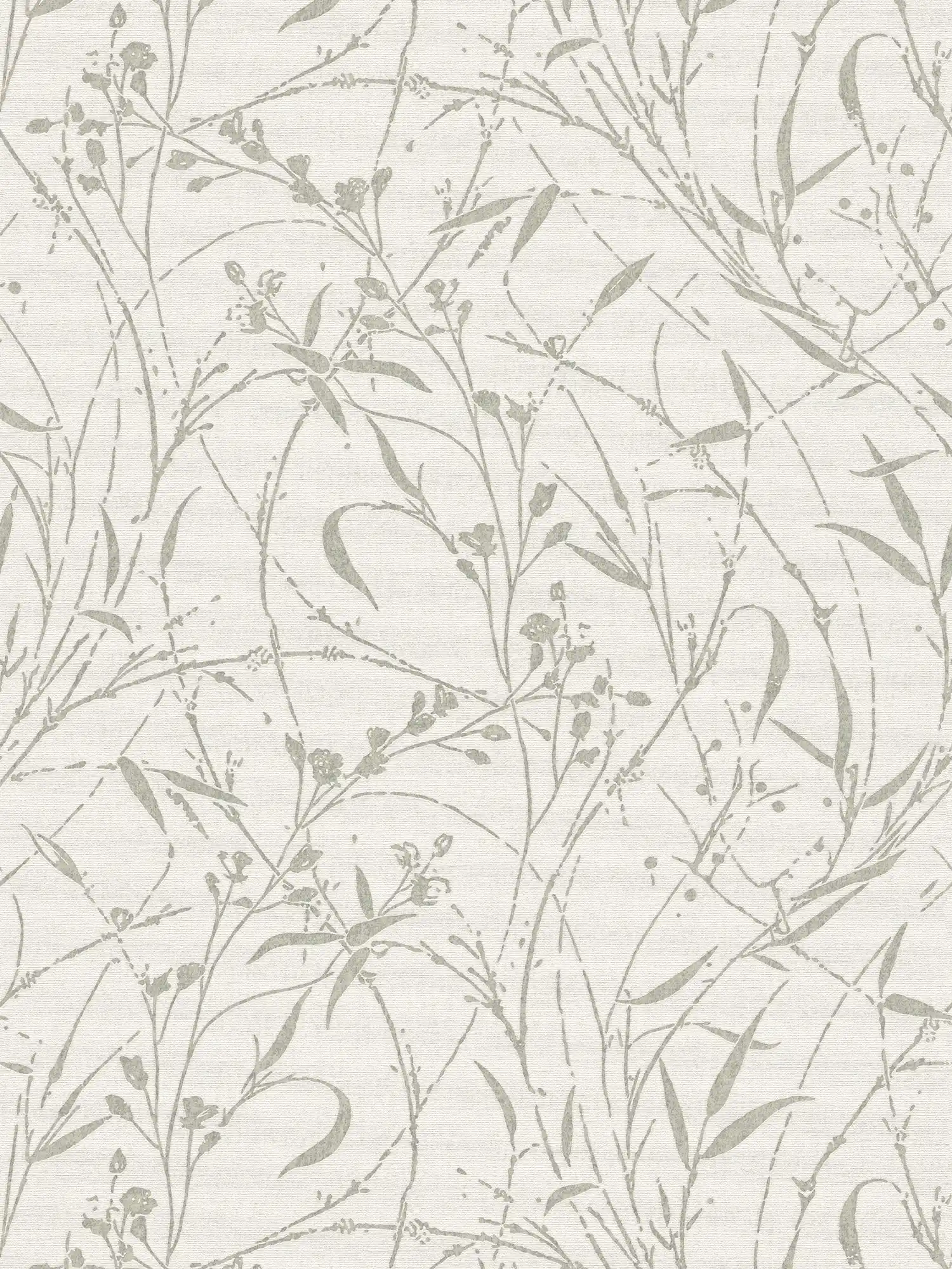 Natürliche Vliestapete mit floralen Zweigen leicht strukturiert – Creme, Grün, Grau