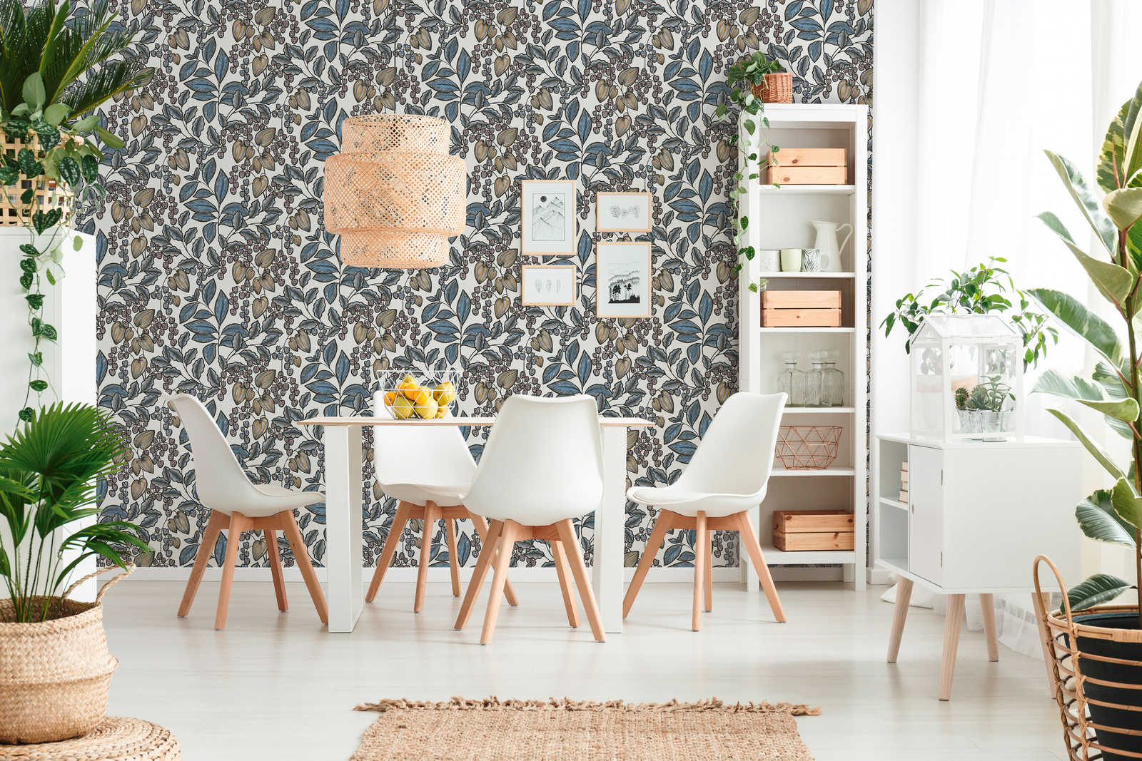             Modern behang bladeren patroon in retro look - blauw, wit, geel
        