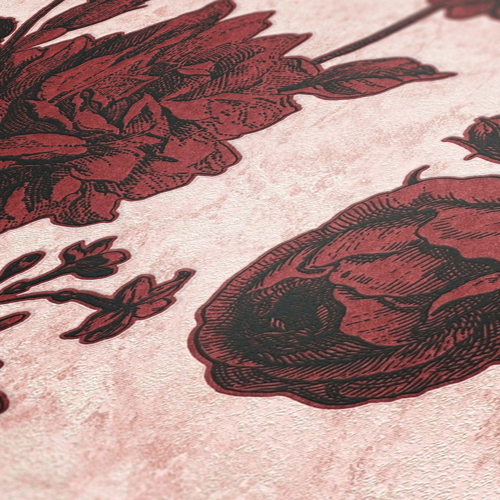             Rosen Tapete Rot-Schwarz im Vintage Zeichen Stil – Rosa, Rot
        