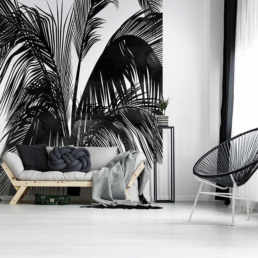 sofabett, wohnzimmer, wandtapete, pflanzenmutur, schwarzweiß