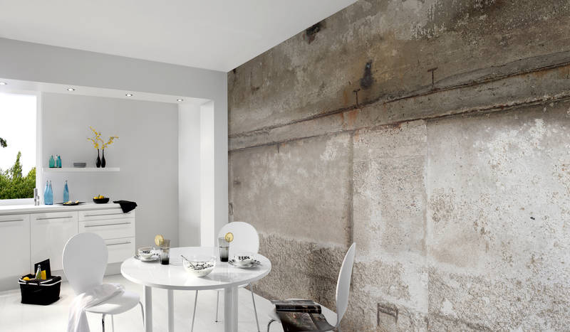 küche, esszimmer, runde tisch, weiße stühle, steinwand