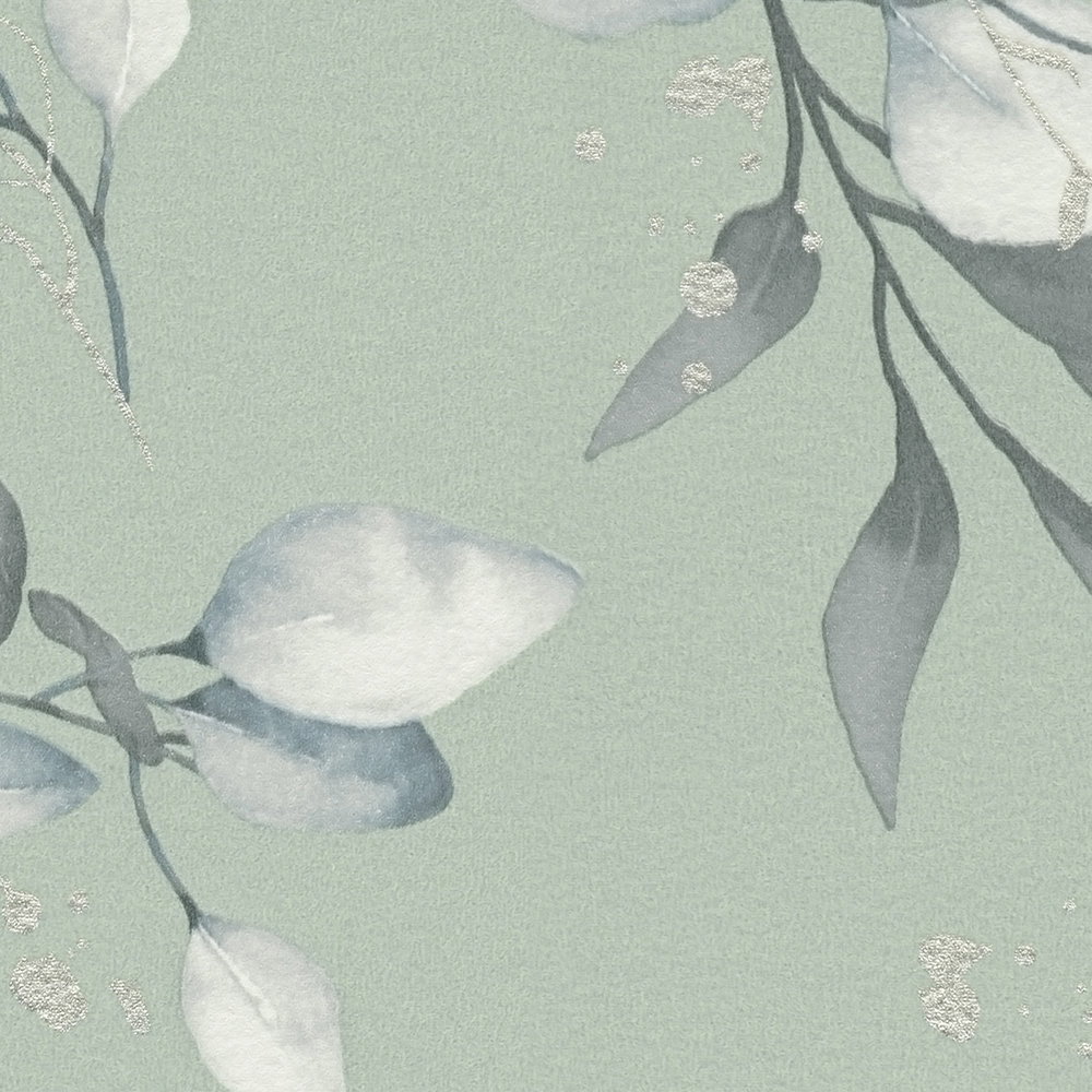 Glad vliesbehang met een elegant bloemendessin - groen, grijs, blauw