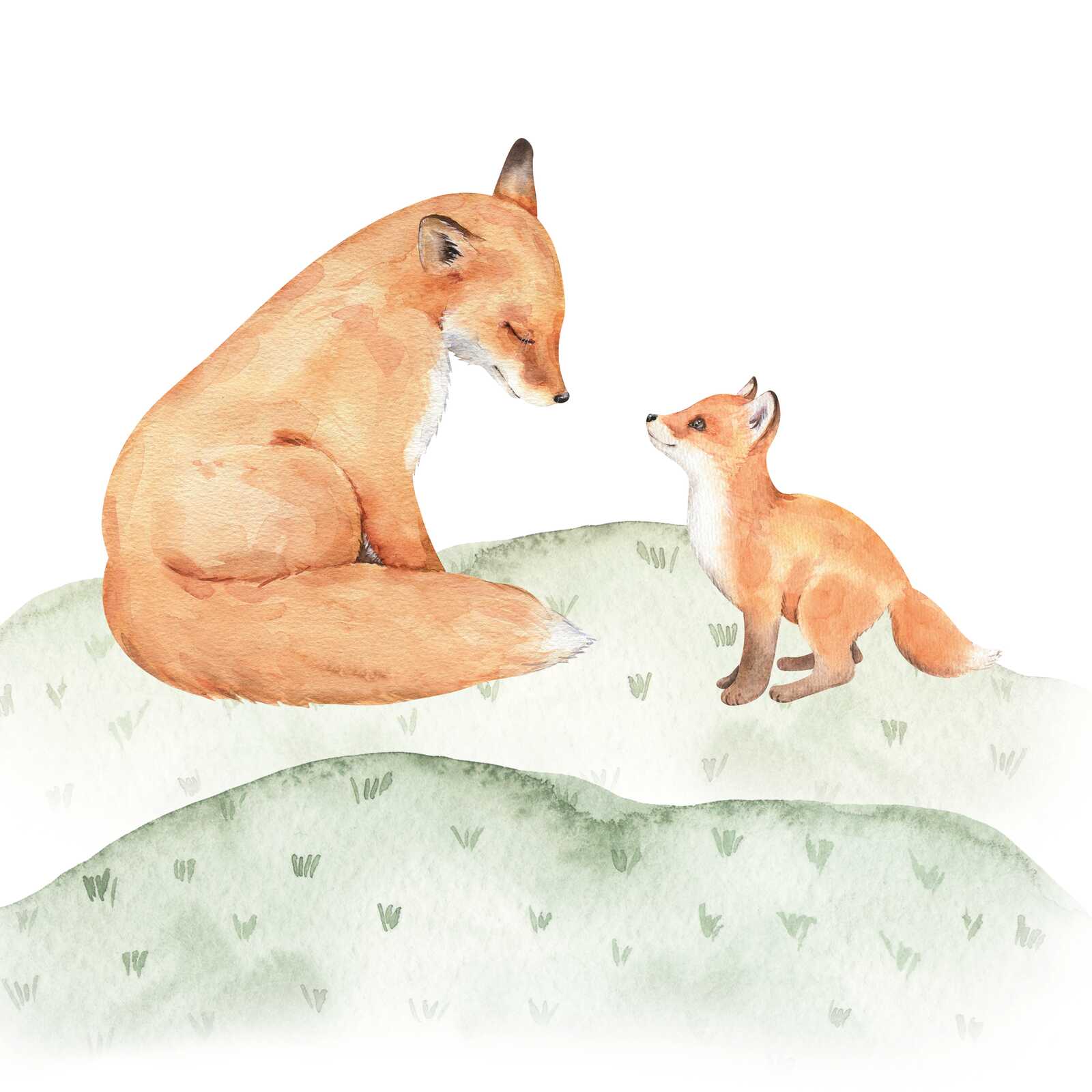             Leinwandbild Fuchs und Jungtier - Liebevolles Naturmotiv für Kinderzimmerdekoration – 30 x 30 cm - Braun, Grün
        