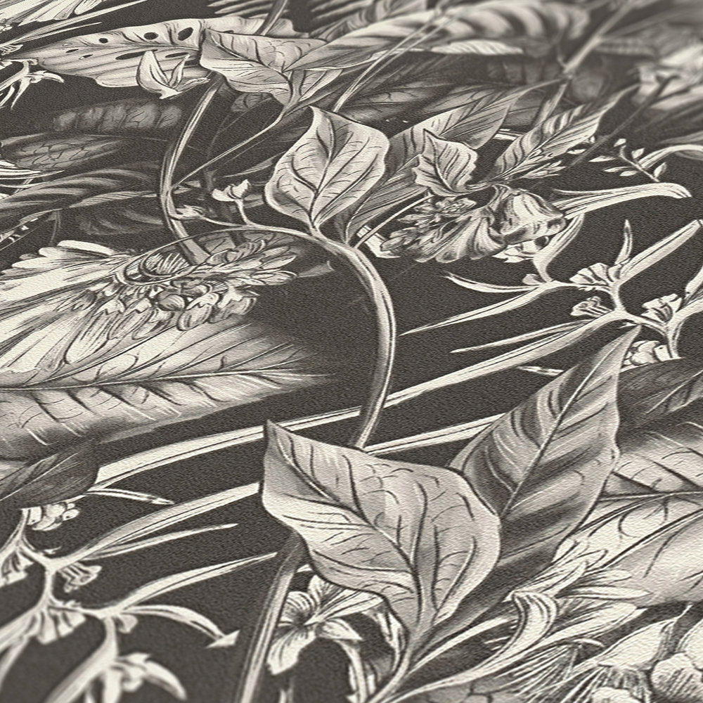             Tapete floral mit Blättern & Blüten strukturiert matt – Schwarz, Weiß
        