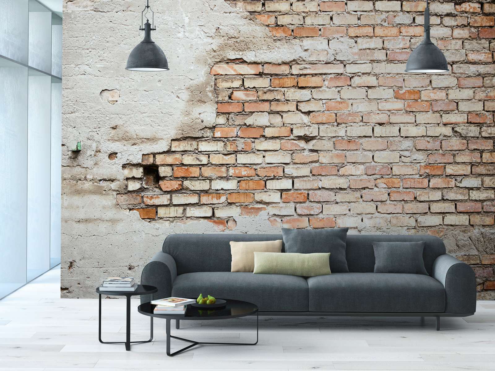 Wohnzimmer, Sofa, Stehlampe, Kissen, Ziegelwand