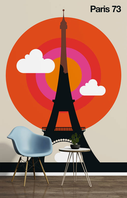 Eiffelturm, Wandkunst, Wandbild, Retro-Grafik, Sessel, Beistelltisch