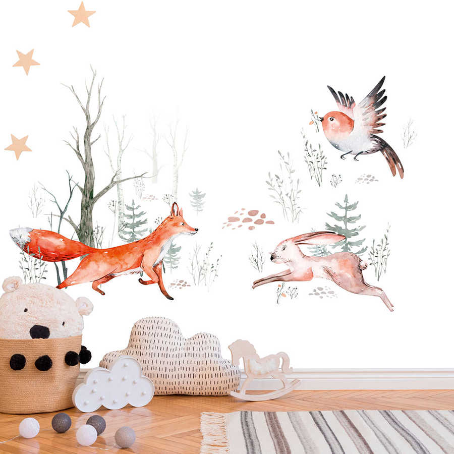 Kinderzimmer, Wanddekoration, Tiermotiv, Waldszene, Wiederholungsspielzeug