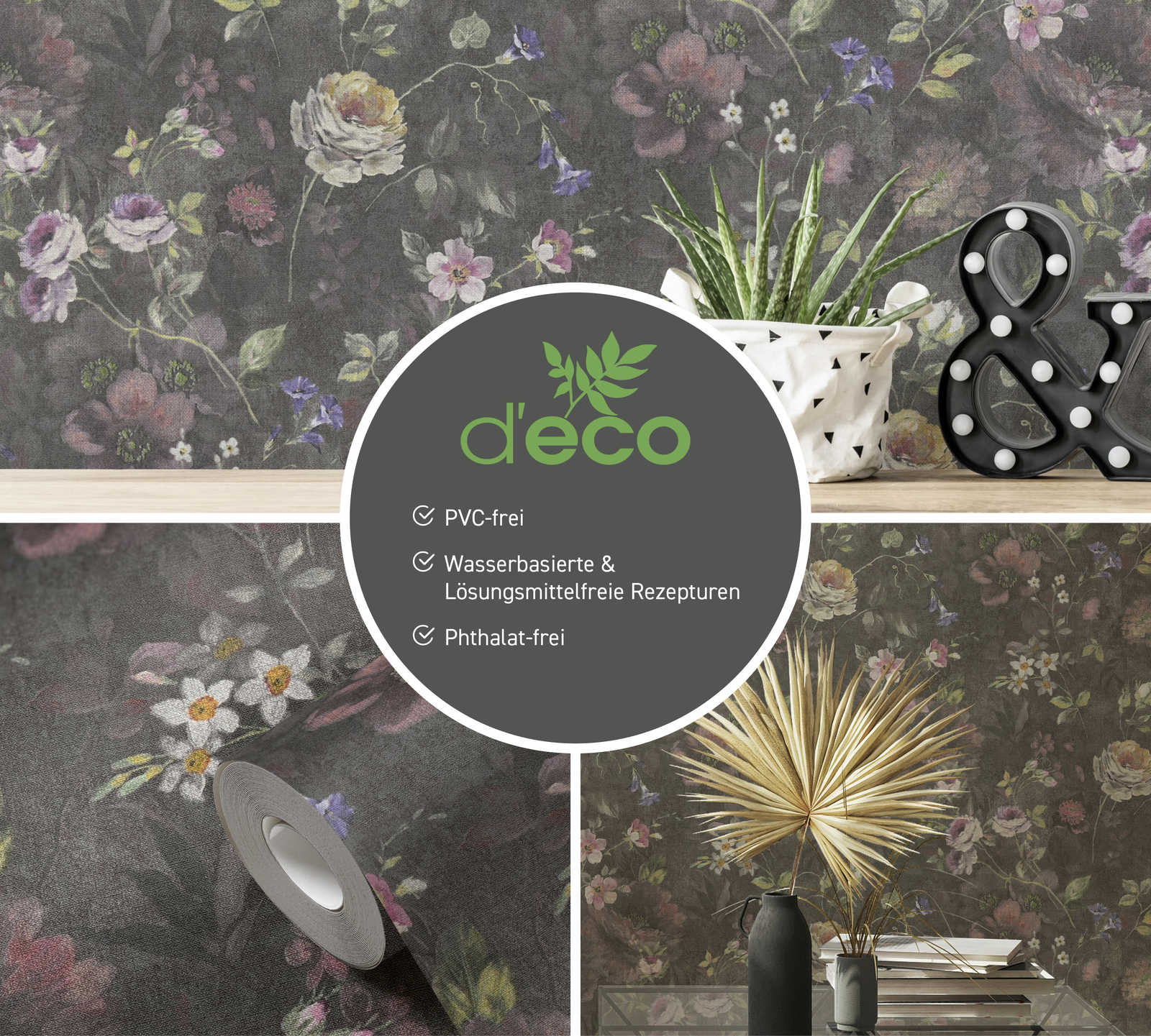             Papier peint intissé floral avec motif à fleurs sans PVC - noir, multicolore, vert
        