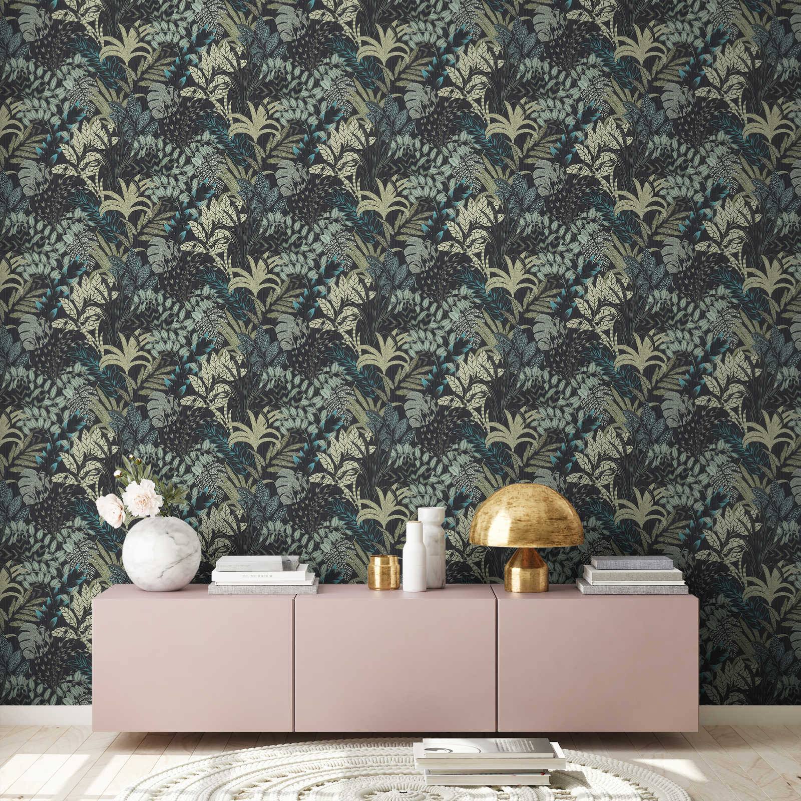             Nature pattern wallpaper with jungle design - green, black
        