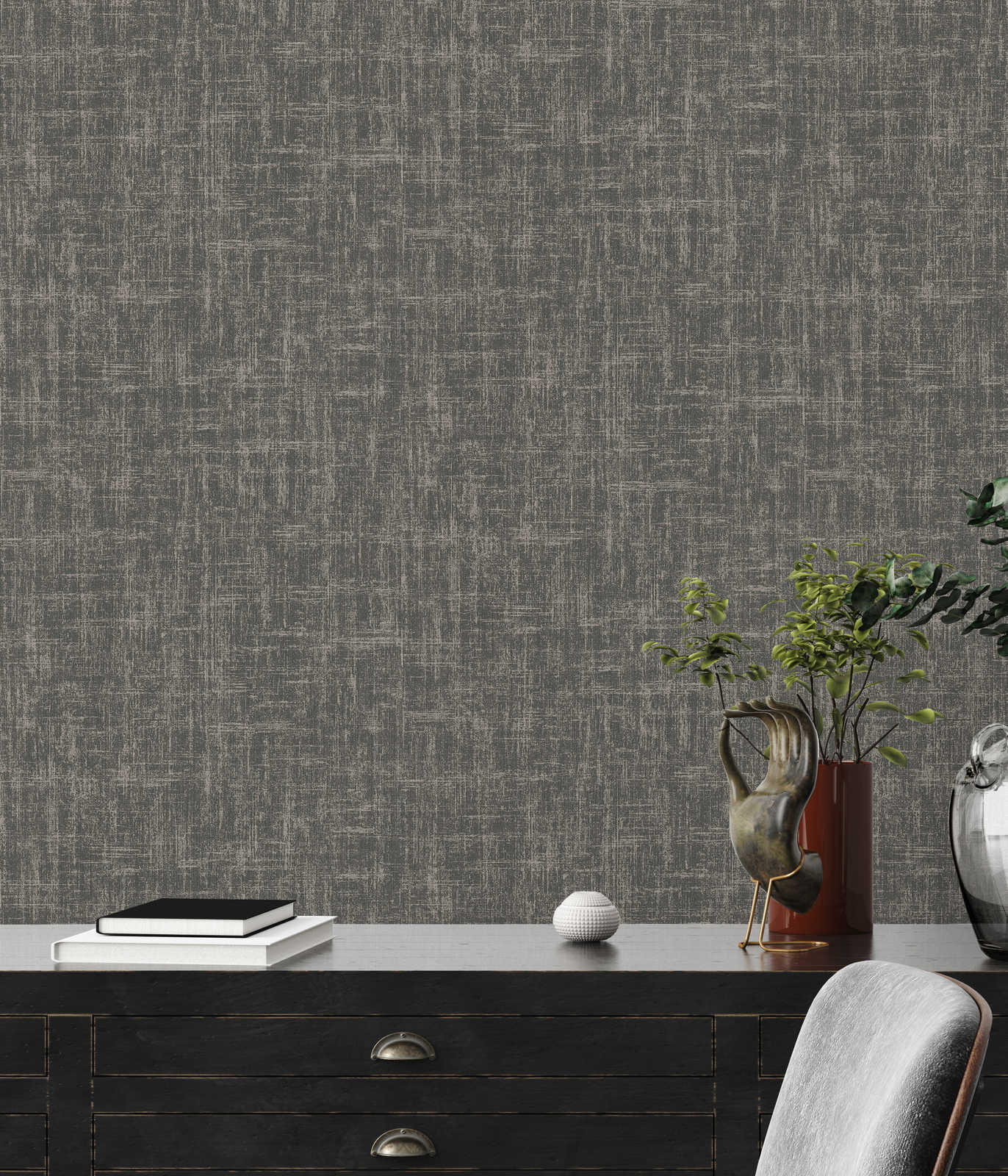             Vliestapete mit meliertem Metallic Effekt – Schwarz, Grau
        