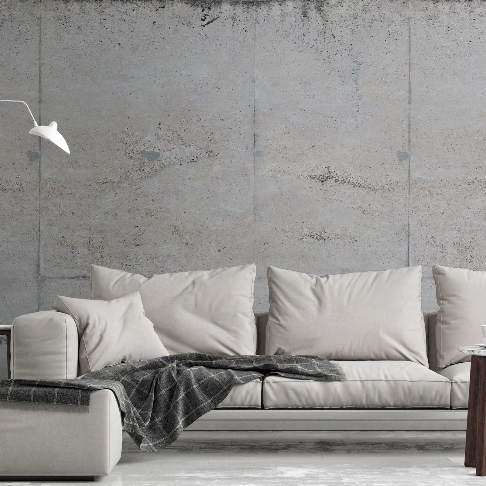         Vliesbehang met betonlook muur op weide - grijs, beige, groen
    