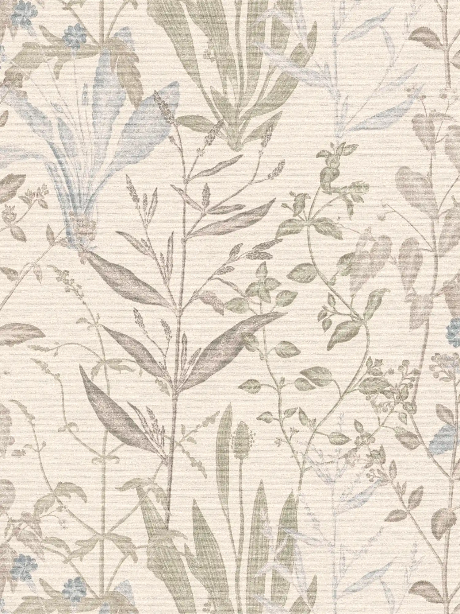         Vliestapete im Botanical-Stil mit zarten Blättern leicht strukturiert – Creme, Grau, Grün
    
