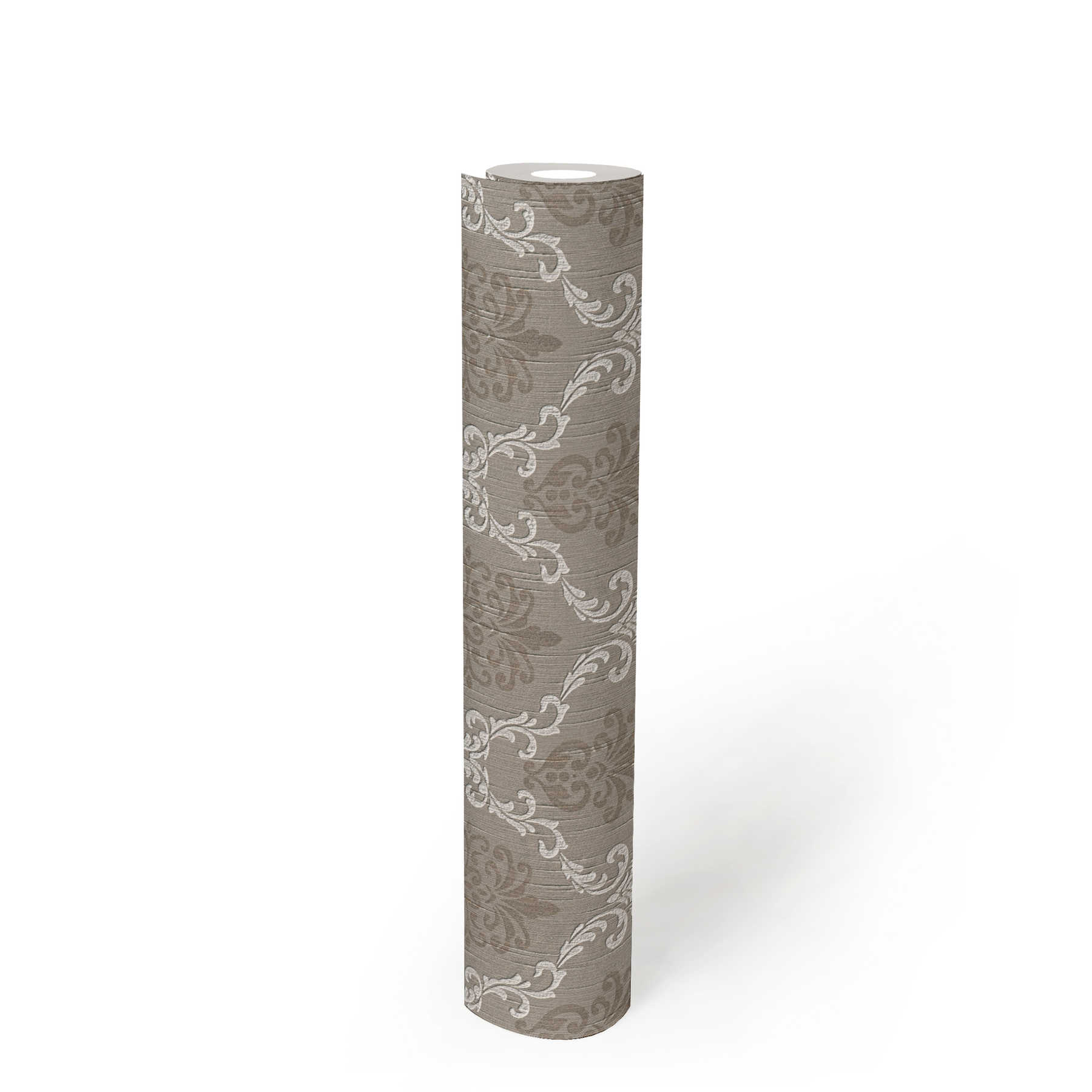             High quality non-woven wallpaper with real textile ornament design in colonial style - beige, grey
        