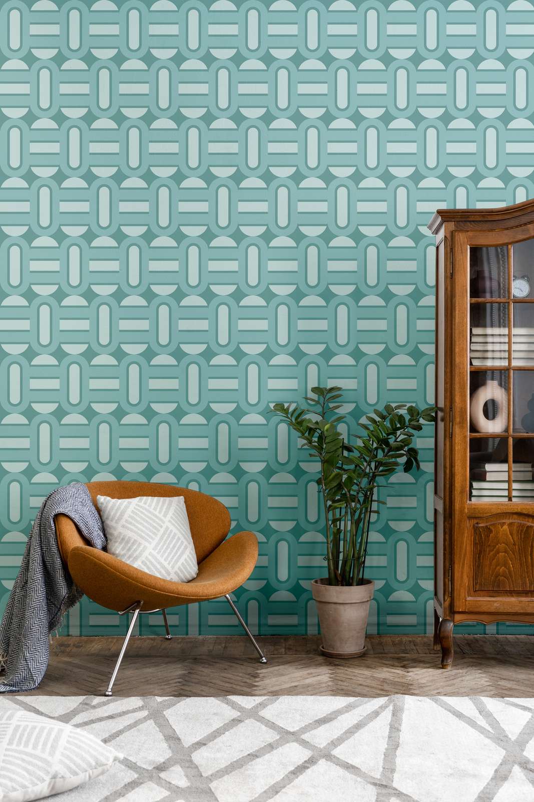             Leicht strukturierte Tapete mit Ovalen und Balken im Retro Stil – Türkis, Blau, Hellblau
        