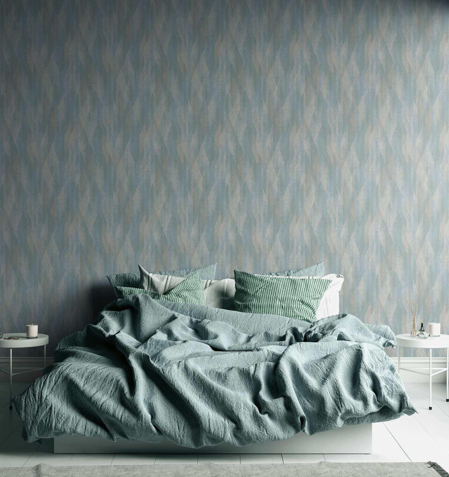 bettwäsche, blaues wandmuster, gemusterte bettwäsche, kissen, deckenset