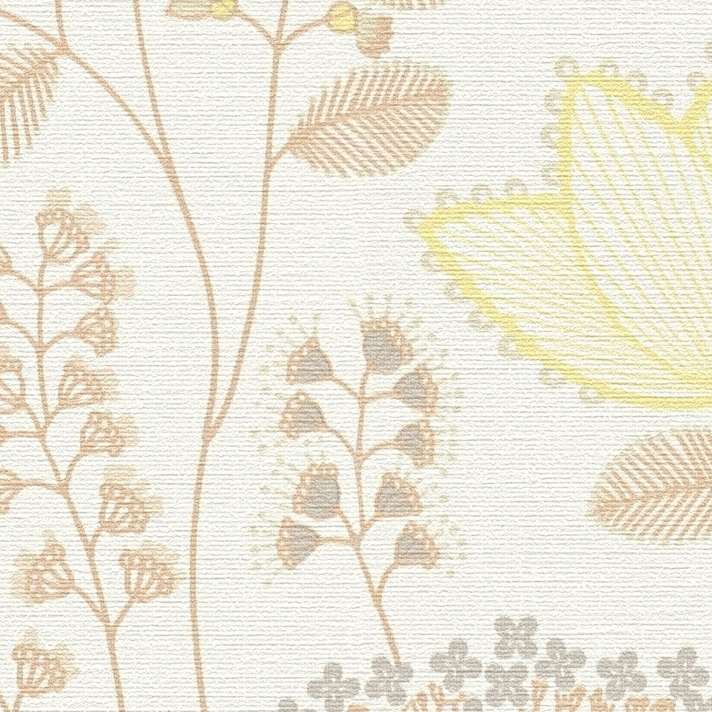             Florale Tapete mit Blättern im Retro-Stil leicht strukturiert, matt – Weiß, Orange, Gelb
        