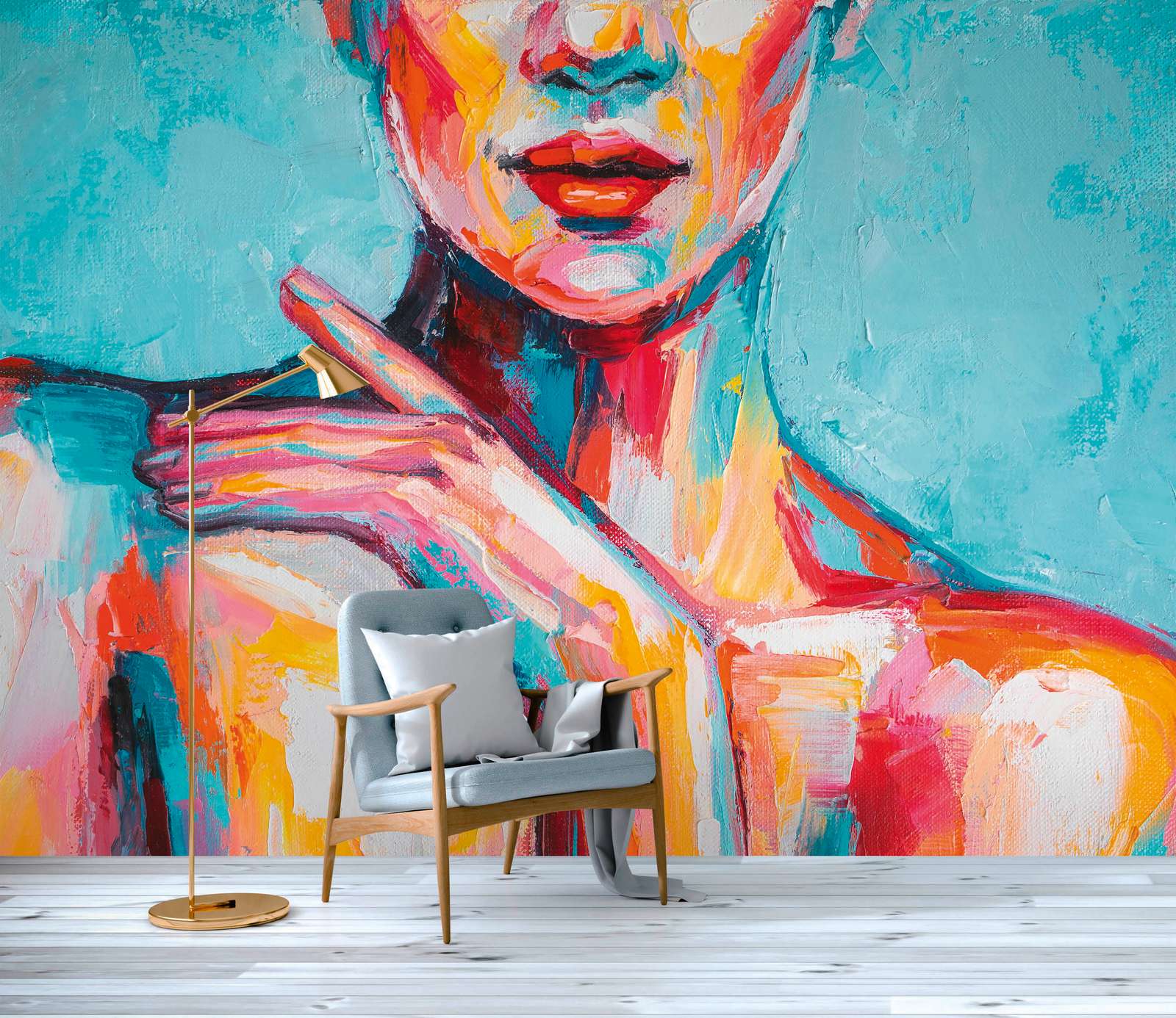             Fototapete Acryl Zeichnung einer Frau – Bunt, Pink. Blau
        