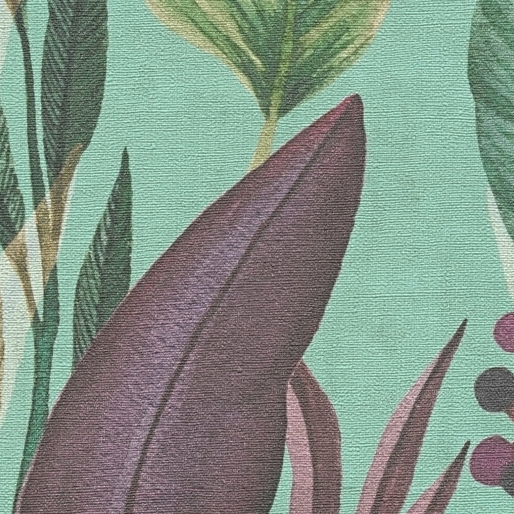             Leuchtende Vliestapete im exotischen Stil mit Blätterdesign und leichter Struktur – Bunt
        