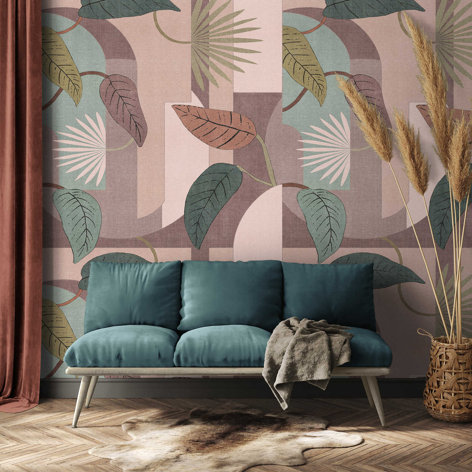         Papier peint intissé avec motif floral de feuilles et formes abstraites - rose, turquoise, beige
    