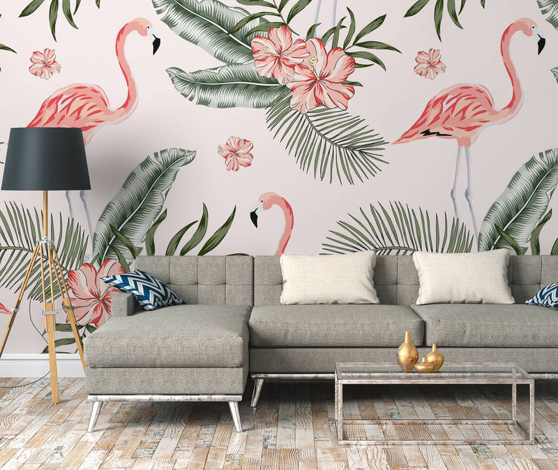             Flamants roses et plantes tropicales - Blanc, Rose, Vert
        