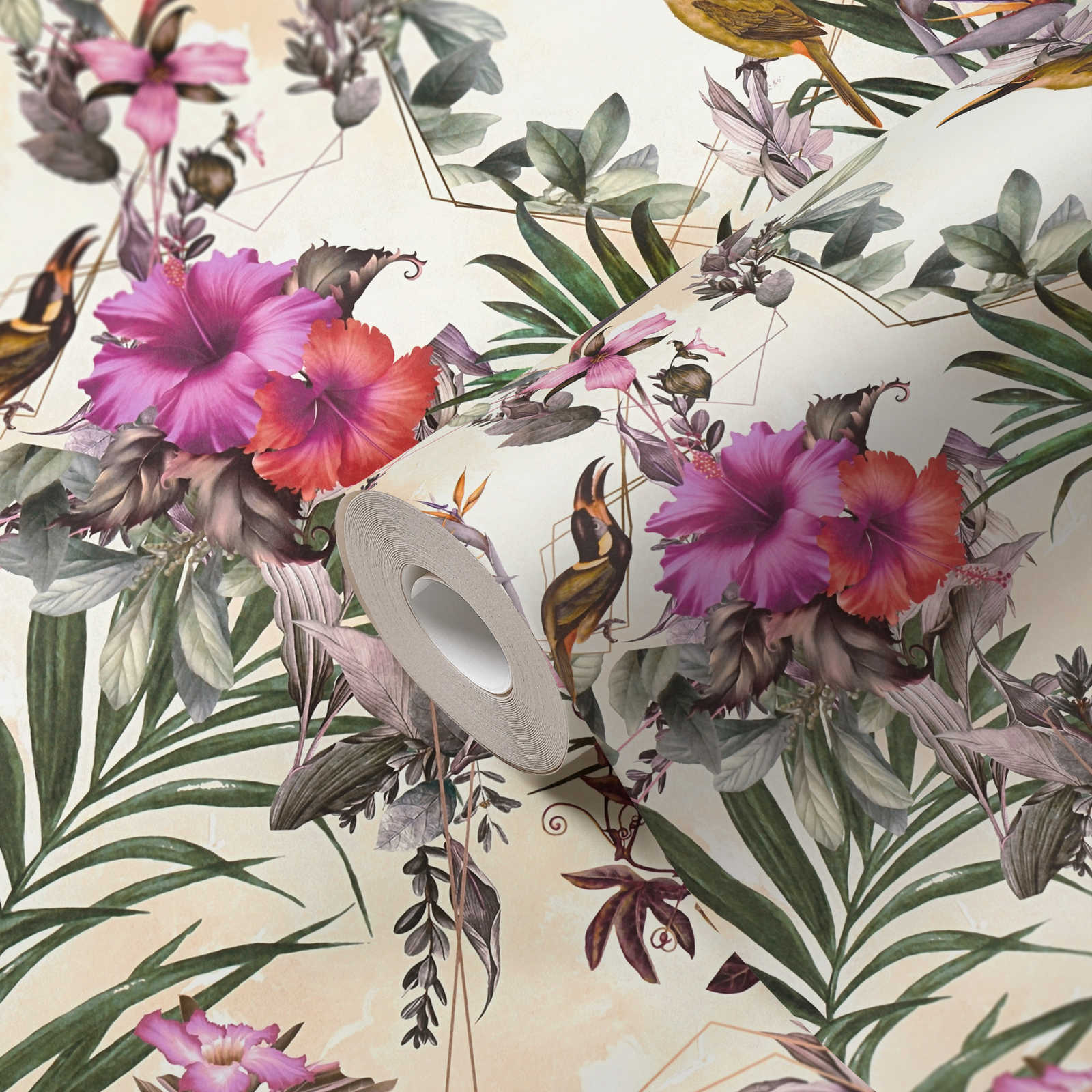             Design wallpaper flowers & birds in Art style - beige, green, pink
        