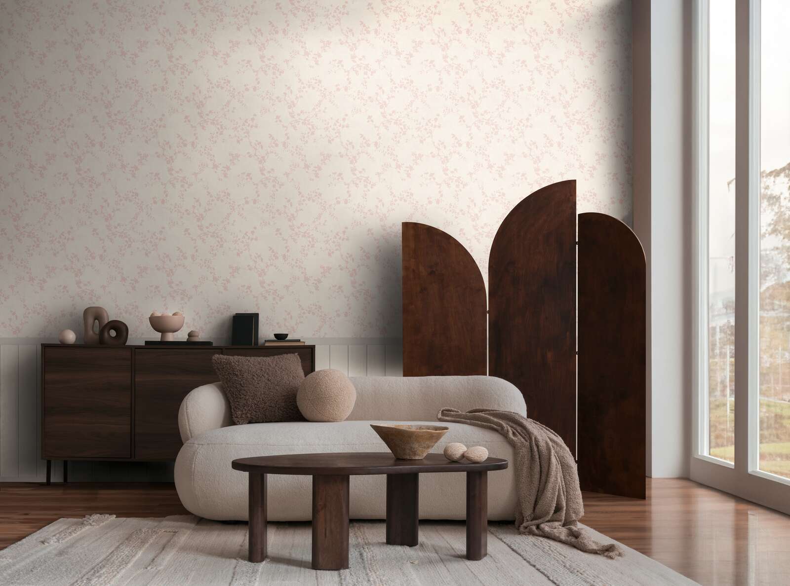 wohnzimmer, raumtrennung, mokkafarben, holz, modernes-dekor