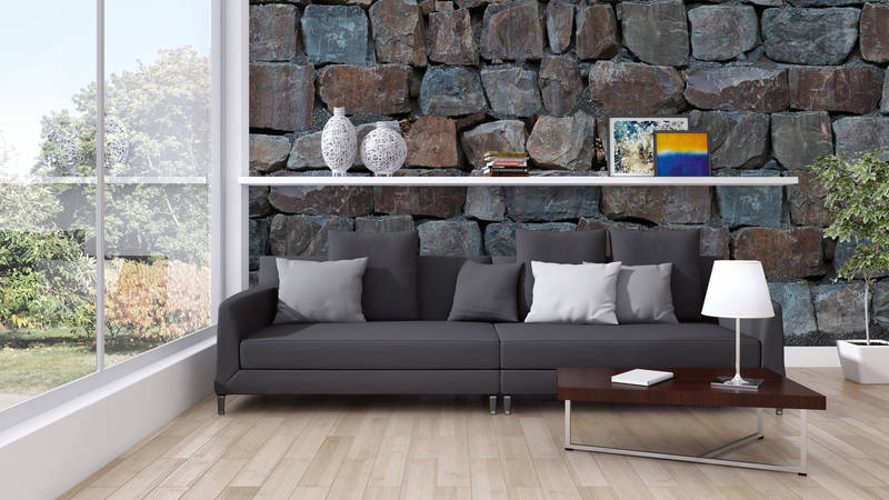 sofa, couch, grey, living room, stone wall