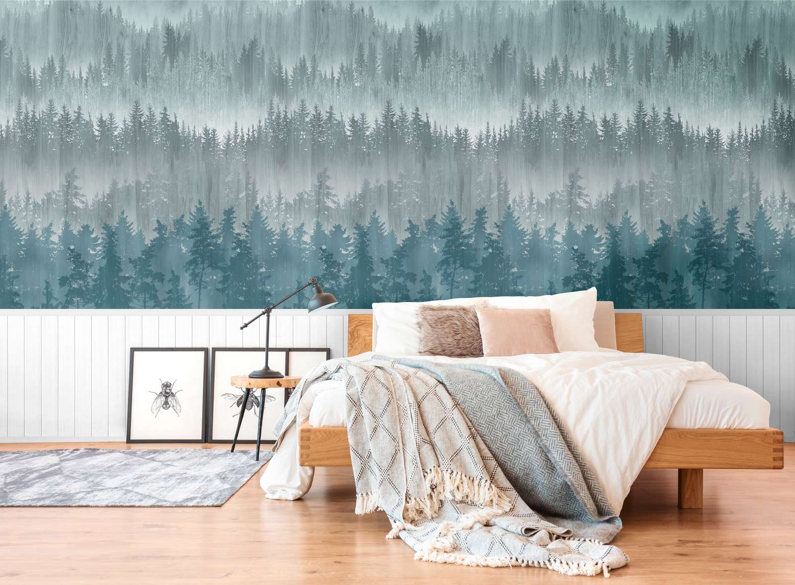 vlies-motivtapete mit holz-optik-sockelborte und waldmuster – weiß, türkis