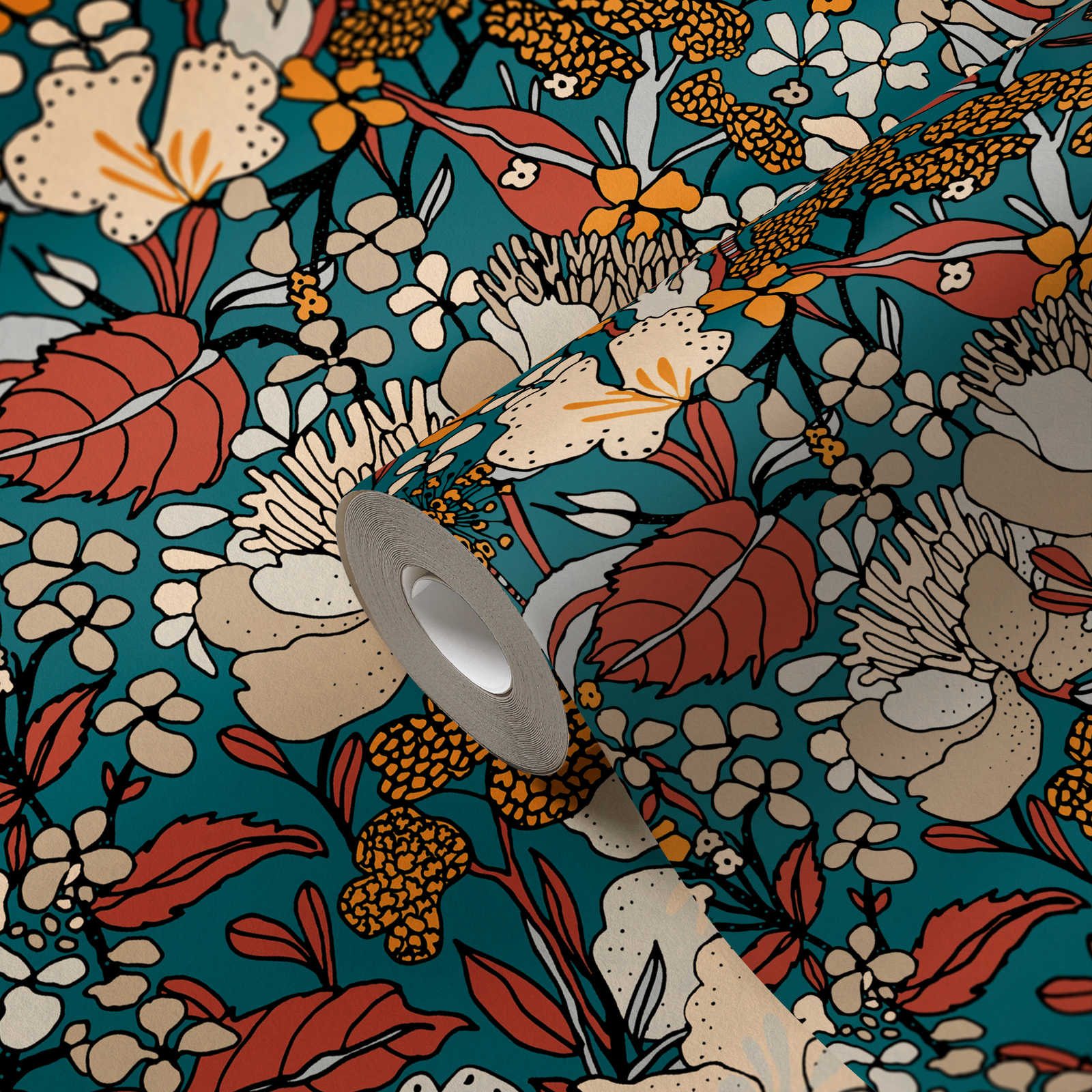             Blumen Tapete Petrol im 70er Retro Design – Bunt, Gelb, Blau
        