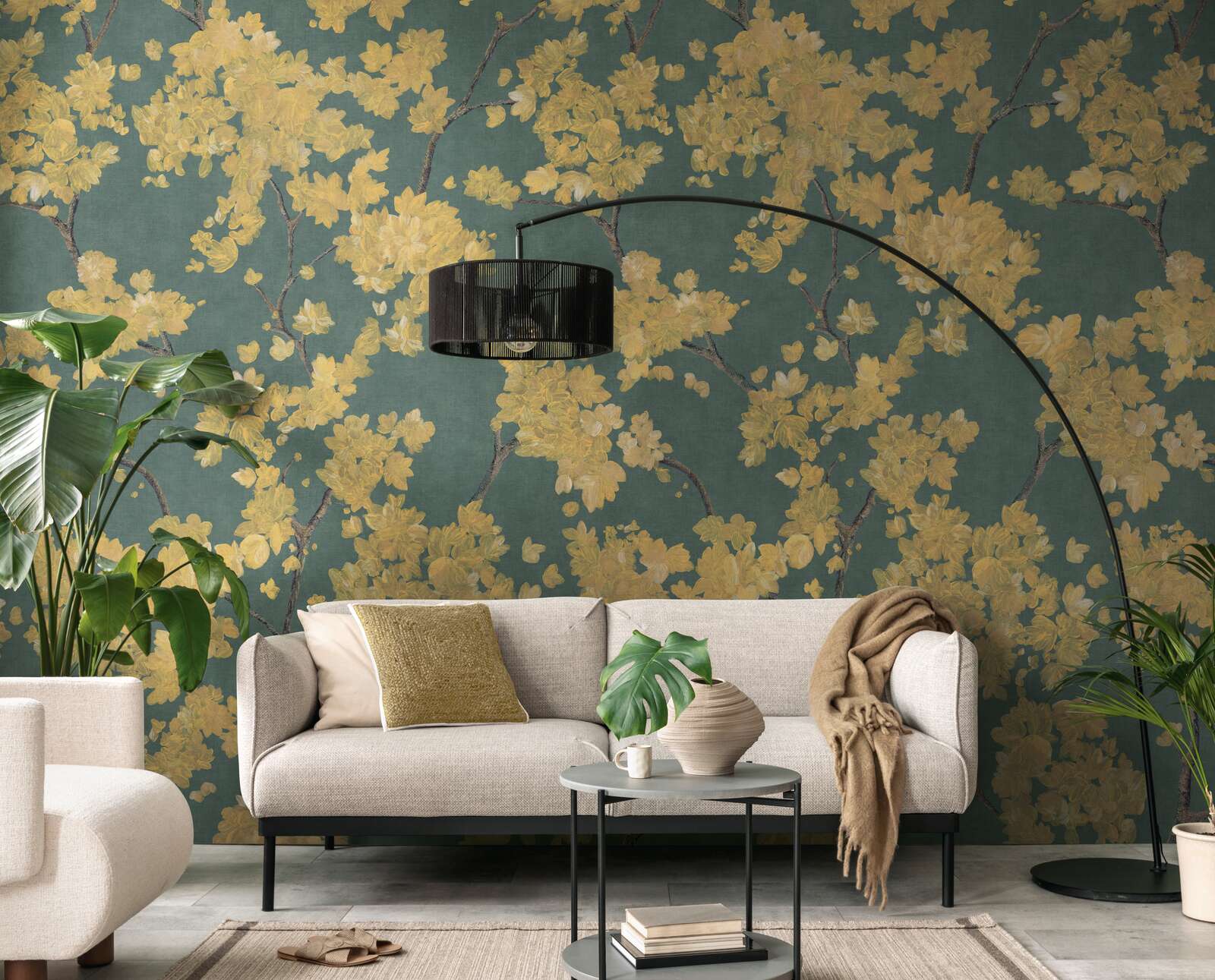 Wandtapete, Blumenmuster, Grün, Gold, Wohnzimmer