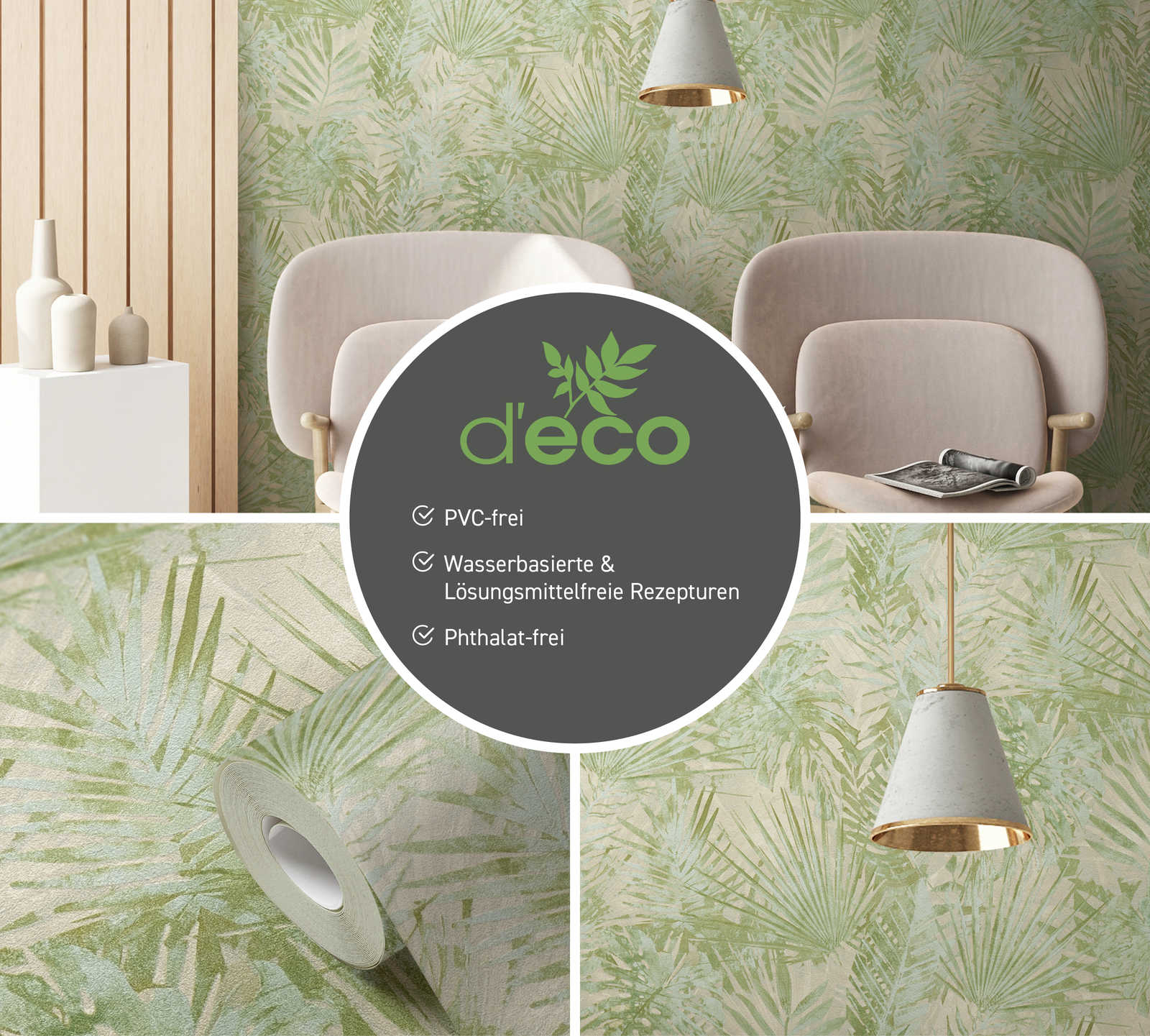             Vliesbehang met jungle bladeren PVC-vrij - groen, beige
        