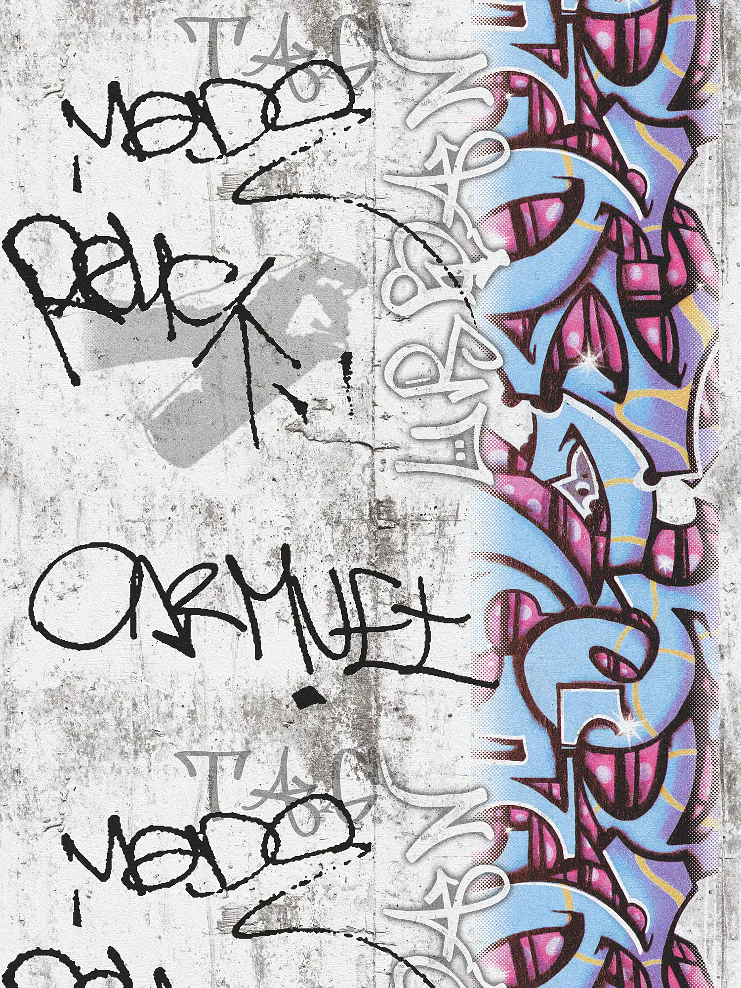         Graffiti-Tapete mit Beton-Optik & Grafik-Design – Grau, Blau
    