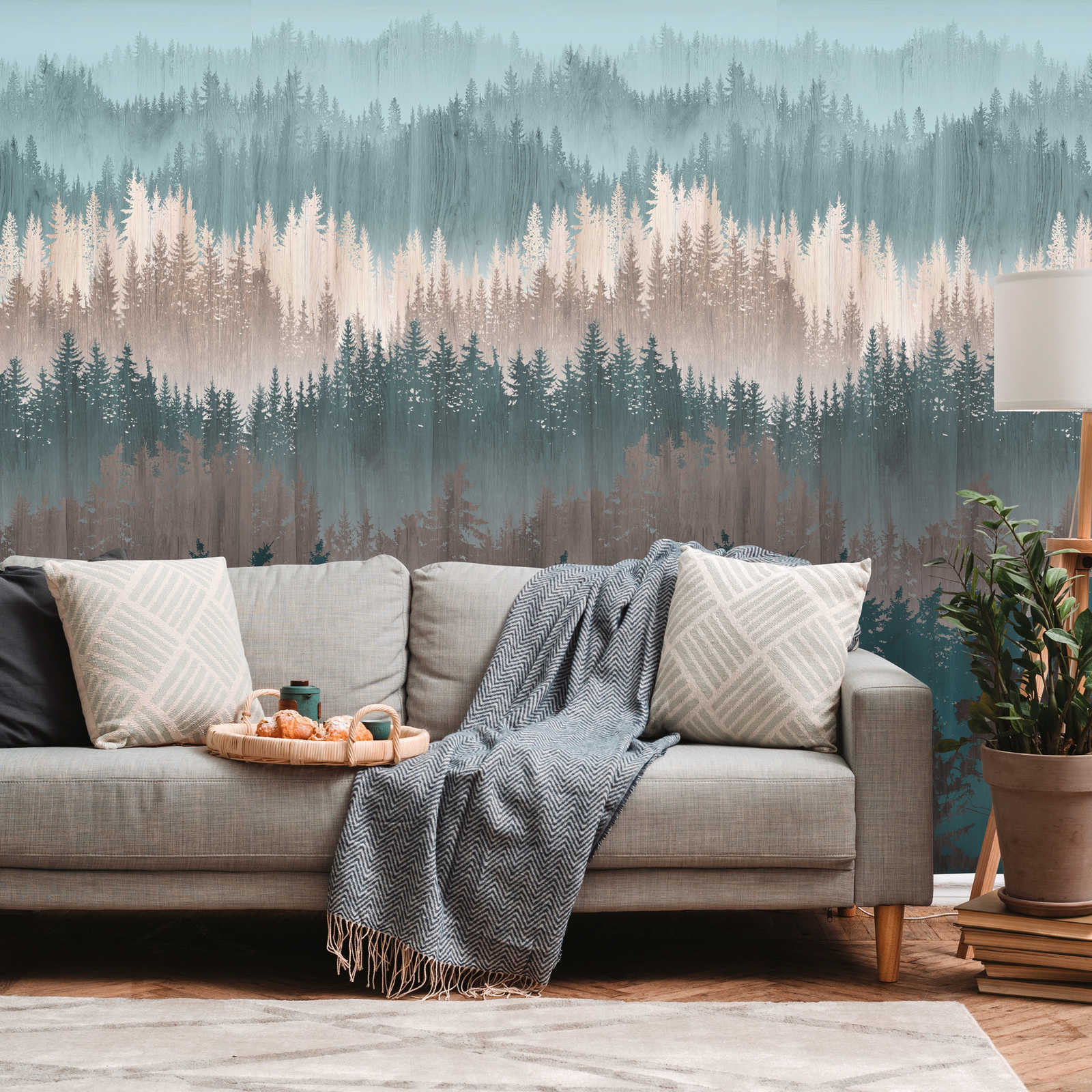 Vliestapete mit abstraktem Waldmuster – Blau, Braun, Beige